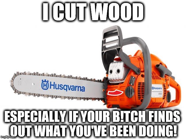 Deranged Chainsaw | I CUT WOOD; ESPECIALLY IF YOUR B!TCH FINDS OUT WHAT YOU'VE BEEN DOING! | image tagged in deranged chainsaw,i cut wood | made w/ Imgflip meme maker