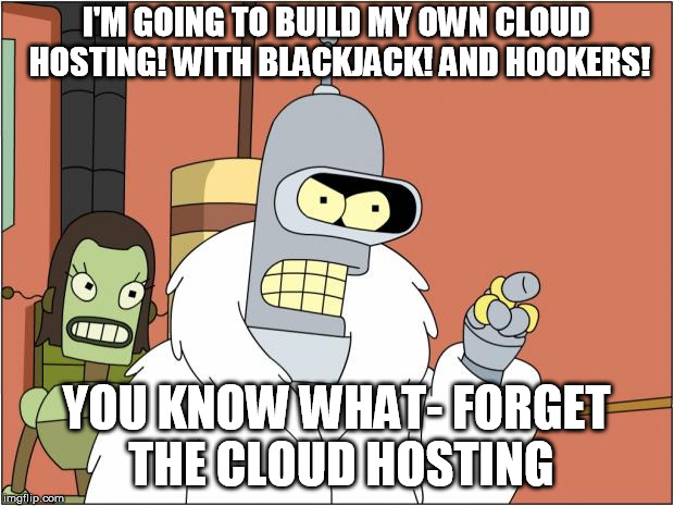 Bender Meme | I'M GOING TO BUILD MY OWN CLOUD HOSTING! WITH BLACKJACK! AND HOOKERS! YOU KNOW WHAT- FORGET THE CLOUD HOSTING | image tagged in memes,bender | made w/ Imgflip meme maker