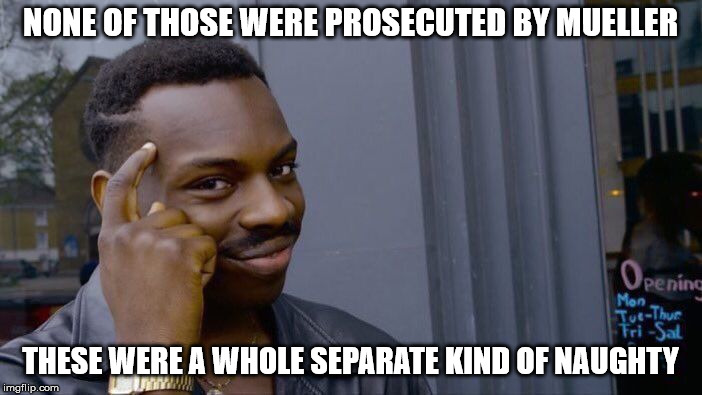 Roll Safe Think About It Meme | NONE OF THOSE WERE PROSECUTED BY MUELLER THESE WERE A WHOLE SEPARATE KIND OF NAUGHTY | image tagged in memes,roll safe think about it | made w/ Imgflip meme maker
