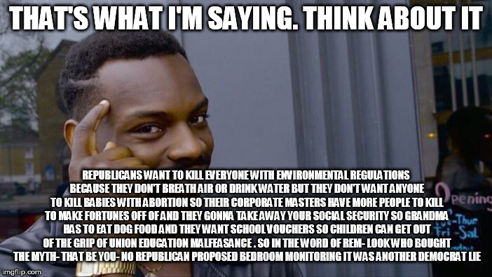 Roll Safe Think About It Meme | THAT'S WHAT I'M SAYING. THINK ABOUT IT REPUBLICANS WANT TO KILL EVERYONE WITH ENVIRONMENTAL REGULATIONS BECAUSE THEY DON'T BREATH AIR OR DRI | image tagged in memes,roll safe think about it | made w/ Imgflip meme maker