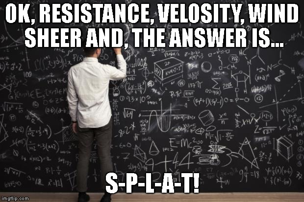 Math | OK, RESISTANCE, VELOSITY, WIND SHEER AND, THE ANSWER IS... S-P-L-A-T! | image tagged in math | made w/ Imgflip meme maker