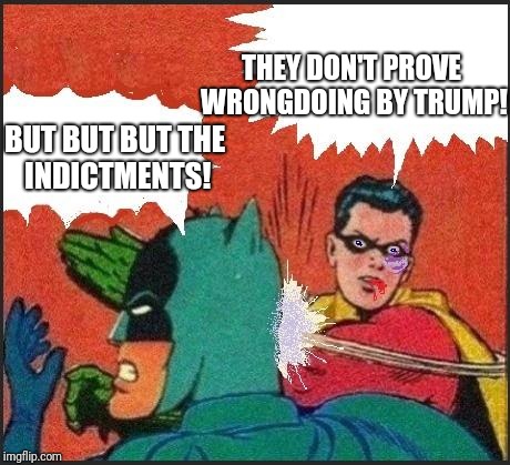 Robin slaps | BUT BUT BUT THE INDICTMENTS! THEY DON'T PROVE WRONGDOING BY TRUMP! | image tagged in robin slaps | made w/ Imgflip meme maker