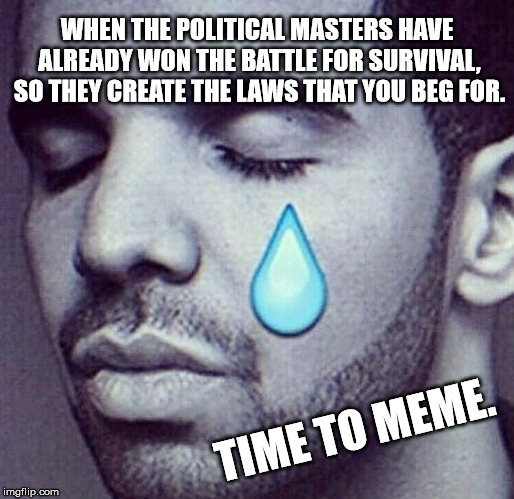 Drake Tears | WHEN THE POLITICAL MASTERS HAVE ALREADY WON THE BATTLE FOR SURVIVAL, SO THEY CREATE THE LAWS THAT YOU BEG FOR. TIME TO MEME. | image tagged in drake tears | made w/ Imgflip meme maker