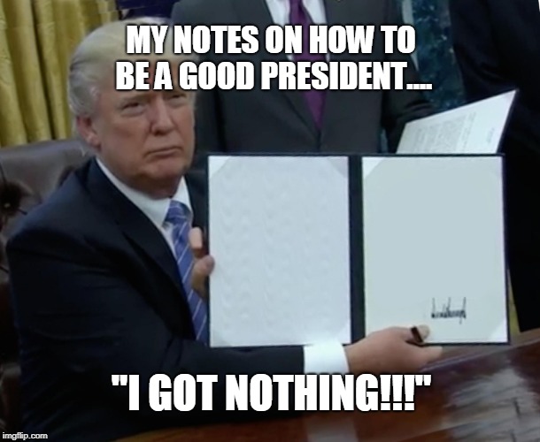 Trump Bill Signing Meme | MY NOTES ON HOW TO BE A GOOD PRESIDENT.... "I GOT NOTHING!!!" | image tagged in memes,trump bill signing | made w/ Imgflip meme maker