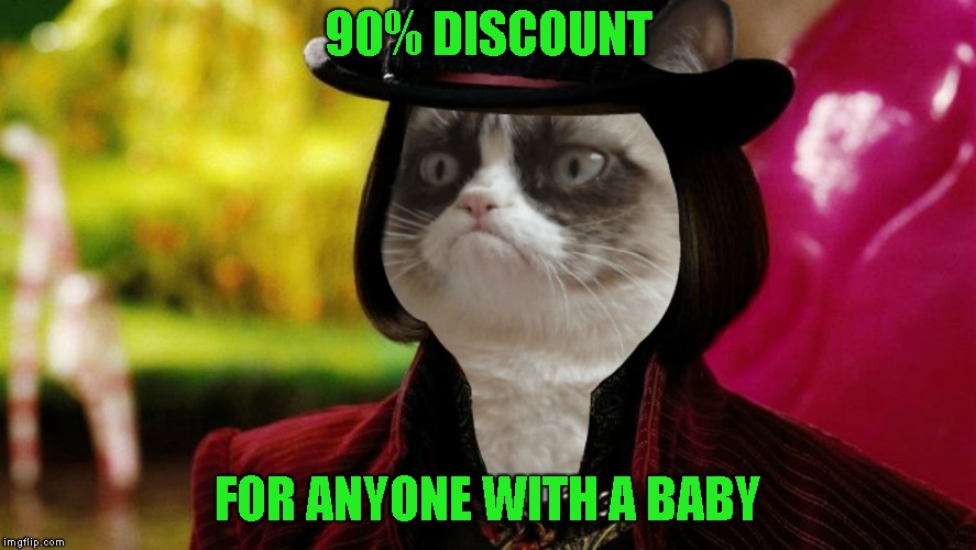 Wonka Grumpy Cat | 90% DISCOUNT FOR ANYONE WITH A BABY | image tagged in wonka grumpy cat | made w/ Imgflip meme maker