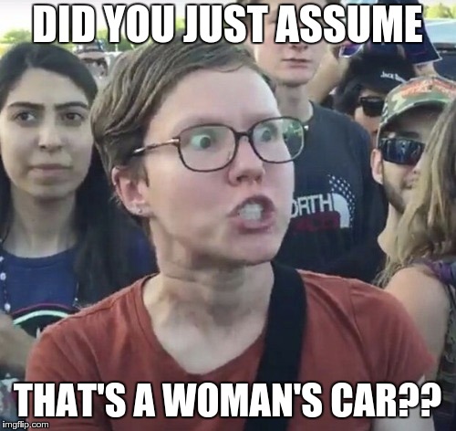 Triggered feminist | DID YOU JUST ASSUME THAT'S A WOMAN'S CAR?? | image tagged in triggered feminist | made w/ Imgflip meme maker