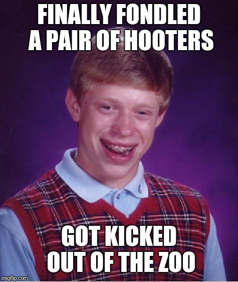 Bad Luck Brian Meme | FINALLY FONDLED A PAIR OF HOOTERS; GOT KICKED OUT OF THE ZOO | image tagged in memes,bad luck brian | made w/ Imgflip meme maker