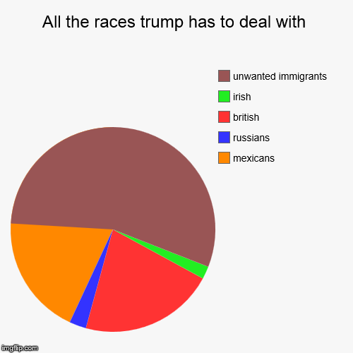 All the races trump has to deal with | mexicans, russians, british, irish, unwanted immigrants | image tagged in funny,pie charts | made w/ Imgflip chart maker