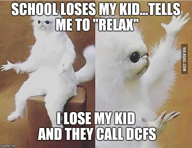 Hypocrites | SCHOOL LOSES MY KID...TELLS ME TO "RELAX"; I LOSE MY KID AND THEY CALL DCFS | image tagged in confused monkey / cat | made w/ Imgflip meme maker