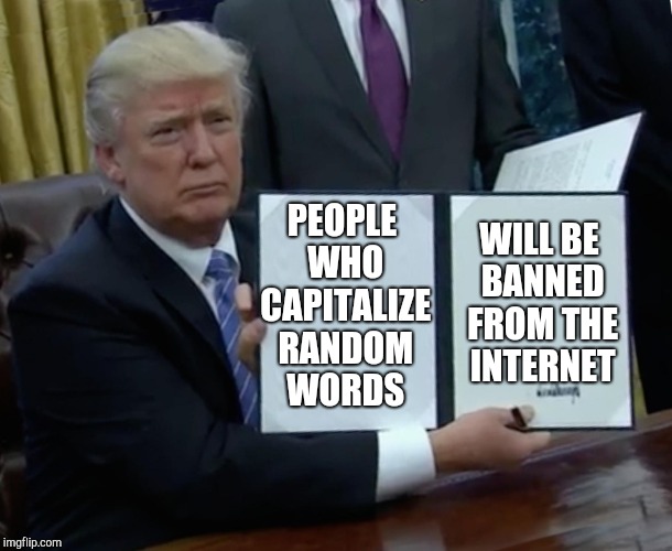 Trump Bill Signing | PEOPLE WHO CAPITALIZE RANDOM WORDS; WILL BE BANNED FROM THE INTERNET | image tagged in memes,trump bill signing | made w/ Imgflip meme maker