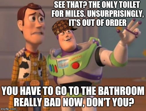 yep. | SEE THAT? THE ONLY TOILET FOR MILES. UNSURPRISINGLY, IT'S OUT OF ORDER; YOU HAVE TO GO TO THE BATHROOM REALLY BAD NOW, DON'T YOU? | image tagged in memes,x x everywhere,scumbag | made w/ Imgflip meme maker