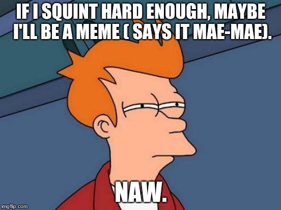 wrong. | IF I SQUINT HARD ENOUGH, MAYBE I'LL BE A MEME ( SAYS IT MAE-MAE). NAW. | image tagged in memes,futurama fry | made w/ Imgflip meme maker