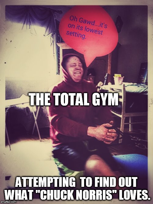 The total gym wins.....this time....(didn't think I was so weak) | THE TOTAL GYM; ATTEMPTING  TO FIND OUT WHAT "CHUCK NORRIS" LOVES. | image tagged in gym,chuck norris,awesome pun chuck norris | made w/ Imgflip meme maker