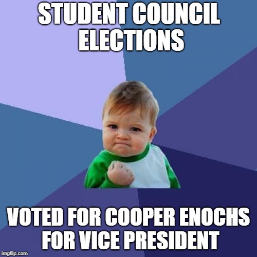 Success Kid Meme | STUDENT COUNCIL ELECTIONS; VOTED FOR COOPER ENOCHS FOR VICE PRESIDENT | image tagged in memes,success kid | made w/ Imgflip meme maker