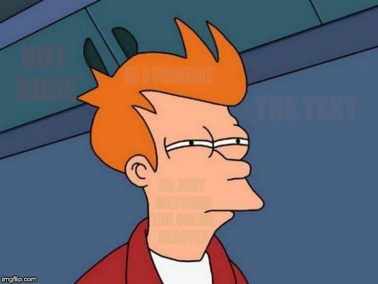 Not sure if I forgot the text... or just matched the color exactly | NOT SURE; IF I FORGOT; THE TEXT; OR JUST MATCHED THE COLOR EXACTLY | image tagged in memes,futurama fry,coloring,font | made w/ Imgflip meme maker