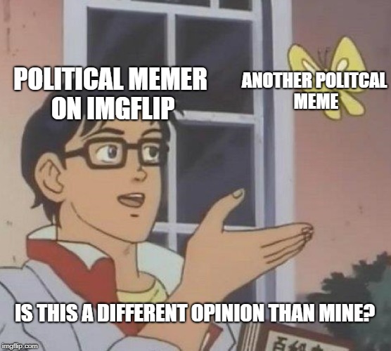 Is This A Pigeon | POLITICAL MEMER ON IMGFLIP; ANOTHER POLITCAL MEME; IS THIS A DIFFERENT OPINION THAN MINE? | image tagged in memes,is this a pigeon | made w/ Imgflip meme maker