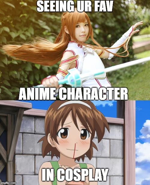 Cosplay in anime is life | SEEING UR FAV; ANIME CHARACTER; IN COSPLAY | image tagged in cosplay,asuna | made w/ Imgflip meme maker