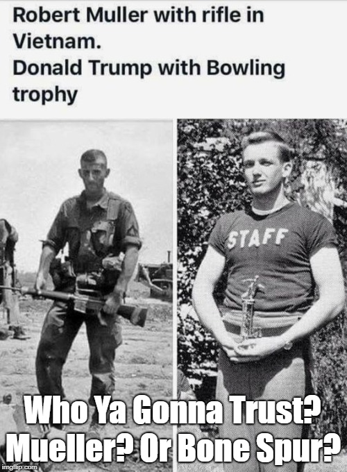 "Who Ya Gonna Trust? Mueller? Or Bone Spur" | Who Ya Gonna Trust? Mueller? Or Bone Spur? | image tagged in mueller,trump,bone spur | made w/ Imgflip meme maker