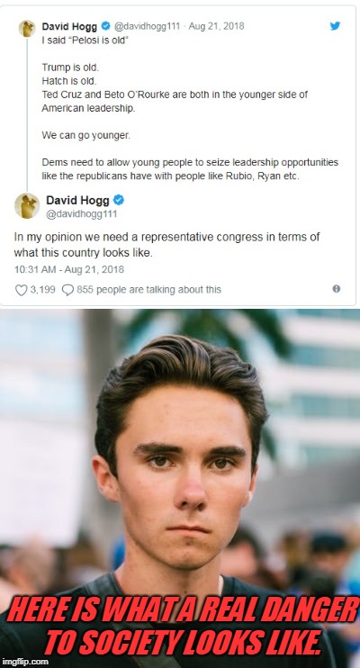 Not even politically speaking here. This kid is trouble for everyone. He is too cozy with his dislike for "old" people.   | HERE IS WHAT A REAL DANGER TO SOCIETY LOOKS LIKE. | image tagged in hogg wash,memes,nixieknox,the next hitler | made w/ Imgflip meme maker