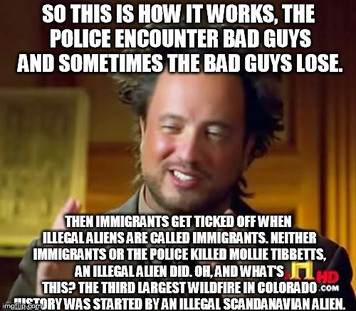 Ancient Aliens Meme | SO THIS IS HOW IT WORKS, THE POLICE ENCOUNTER BAD GUYS AND SOMETIMES THE BAD GUYS LOSE. THEN IMMIGRANTS GET TICKED OFF WHEN ILLEGAL ALIENS A | image tagged in memes,ancient aliens | made w/ Imgflip meme maker