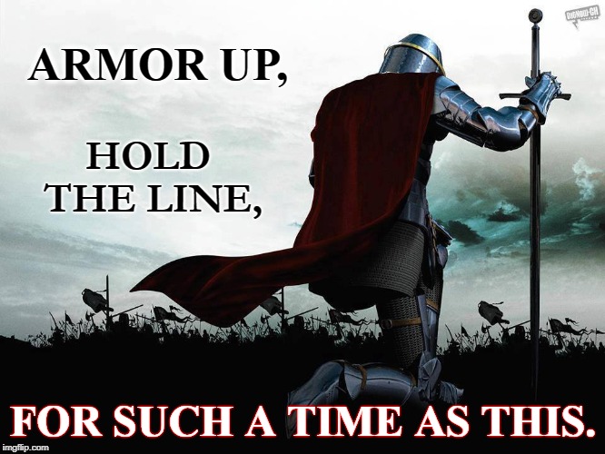 Such a Time as This | ARMOR UP, HOLD   THE LINE, FOR SUCH A TIME AS THIS. | image tagged in armor soldier,whole armor of god,q,potus,patriot,hold the line | made w/ Imgflip meme maker