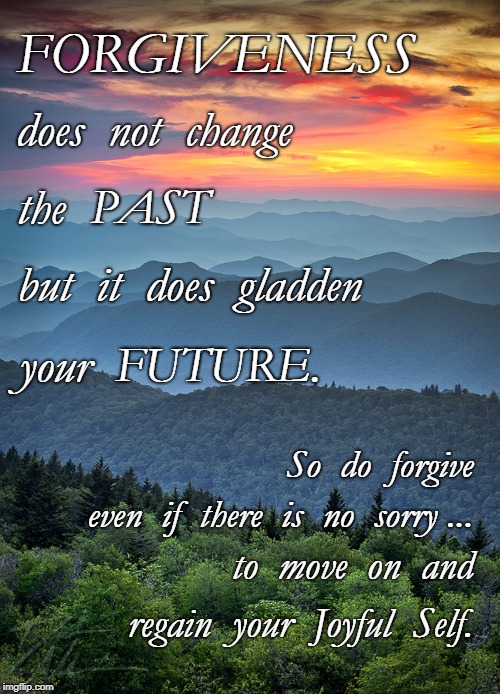 Forgive to Gladden Your Future | FORGIVENESS; does  not  change; the  PAST; but  it  does  gladden; your  FUTURE. So  do  forgive; even  if  there  is  no  sorry ... to  move  on  and; regain  your  Joyful  Self. | image tagged in forgiveness,unchanged past,brighter future,regain self | made w/ Imgflip meme maker