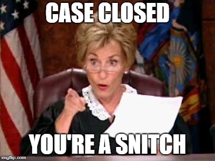 Judge Judy | CASE CLOSED; YOU'RE A SNITCH | image tagged in judge judy | made w/ Imgflip meme maker