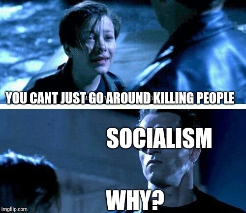 terminator socialist | YOU CANT JUST GO AROUND KILLING PEOPLE; SOCIALISM; WHY? | image tagged in terminator,socialism | made w/ Imgflip meme maker