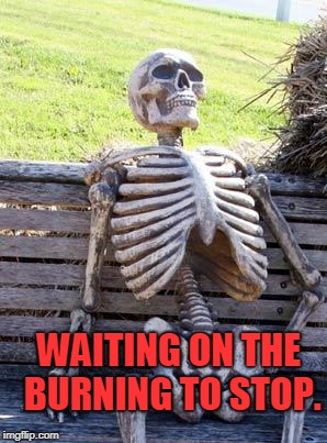 Waiting Skeleton Meme | WAITING ON THE BURNING TO STOP. | image tagged in memes,waiting skeleton | made w/ Imgflip meme maker