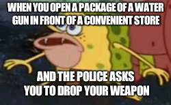 Spongegar Meme | WHEN YOU OPEN A PACKAGE OF A WATER GUN IN FRONT OF A CONVENIENT STORE; AND THE POLICE ASKS YOU TO DROP YOUR WEAPON | image tagged in memes,spongegar | made w/ Imgflip meme maker