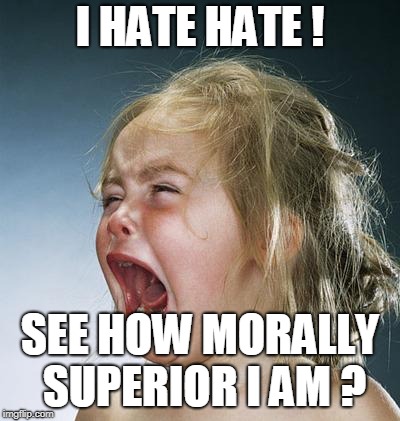 little girl screaming | I HATE HATE ! SEE HOW MORALLY SUPERIOR I AM ? | image tagged in little girl screaming | made w/ Imgflip meme maker