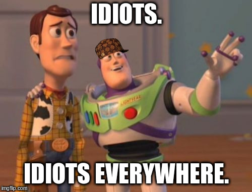 Idiots. | IDIOTS. IDIOTS EVERYWHERE. | image tagged in memes,x x everywhere,scumbag,idiots | made w/ Imgflip meme maker