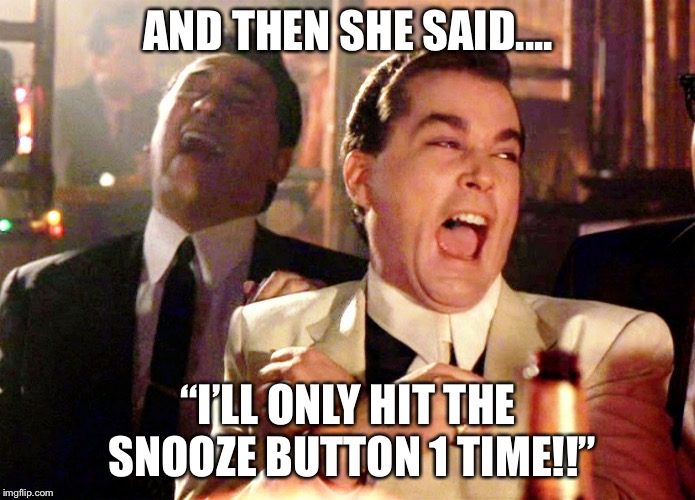 Good Fellas Hilarious Meme | AND THEN SHE SAID.... “I’LL ONLY HIT THE SNOOZE BUTTON 1 TIME!!” | image tagged in memes,good fellas hilarious | made w/ Imgflip meme maker
