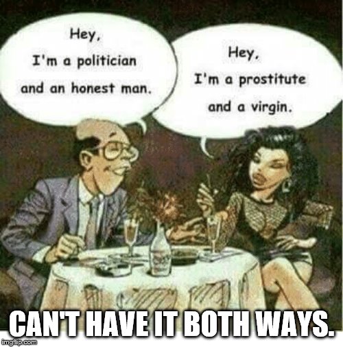  CAN'T HAVE IT BOTH WAYS. | image tagged in politician,prostitute,liars | made w/ Imgflip meme maker