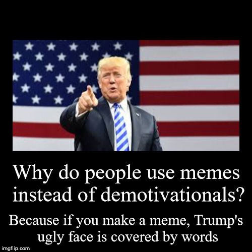 How come nobody uses demotivationals? This is why. | Why do people use memes instead of demotivationals? | Because if you make a meme, Trump's ugly face is covered by words | image tagged in funny,demotivationals,donald trump,trump,ugly,politics | made w/ Imgflip demotivational maker