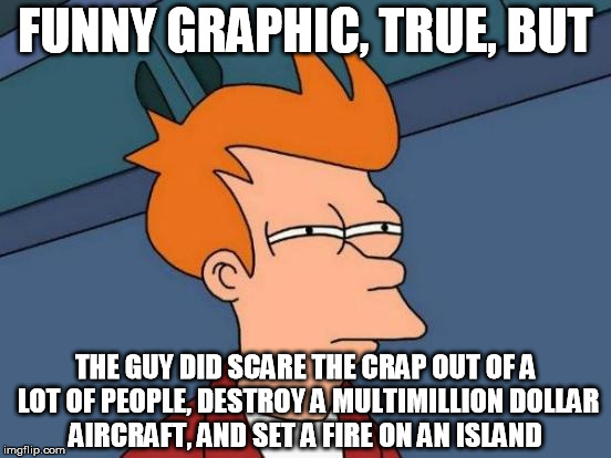 Futurama Fry Meme | FUNNY GRAPHIC, TRUE, BUT THE GUY DID SCARE THE CRAP OUT OF A LOT OF PEOPLE, DESTROY A MULTIMILLION DOLLAR AIRCRAFT, AND SET A FIRE ON AN ISL | image tagged in memes,futurama fry | made w/ Imgflip meme maker