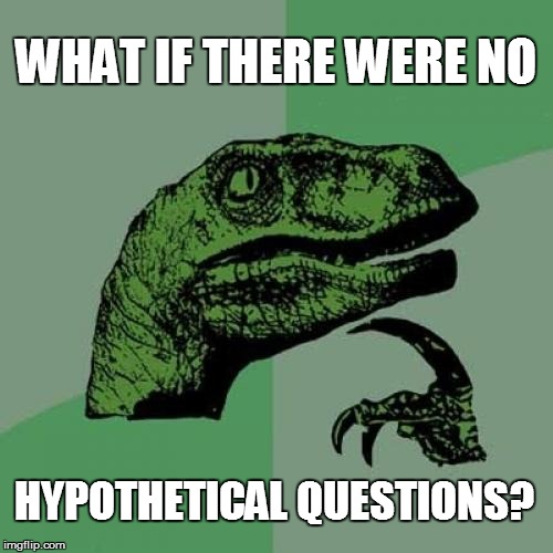 Curious minds want to know... | WHAT IF THERE WERE NO; HYPOTHETICAL QUESTIONS? | image tagged in memes,philosoraptor | made w/ Imgflip meme maker