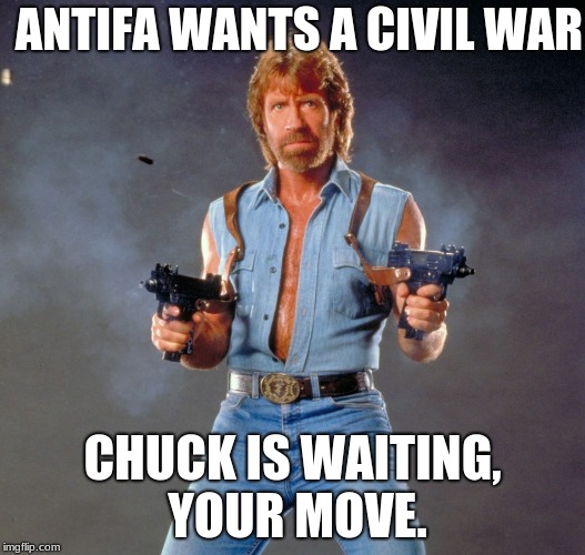 Chuck Norris Guns Meme | ANTIFA WANTS A CIVIL WAR; CHUCK IS WAITING, YOUR MOVE. | image tagged in memes,chuck norris guns,chuck norris | made w/ Imgflip meme maker