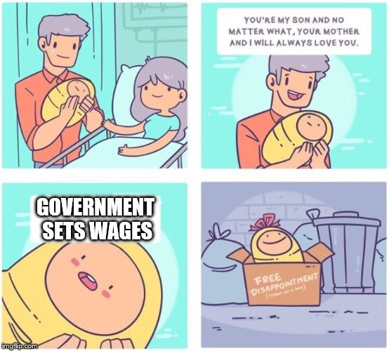 Free disappointment | GOVERNMENT SETS WAGES | image tagged in free disappointment,liberal,government,wages | made w/ Imgflip meme maker