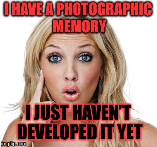Dumb pun... | I HAVE A PHOTOGRAPHIC MEMORY; I JUST HAVEN’T DEVELOPED IT YET | image tagged in dumb blonde | made w/ Imgflip meme maker