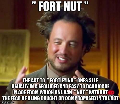 FortNut | " FORT NUT "; THE ACT TO  " FORTIFYING " ONES SELF USUALLY IN A SECLUDED AND EASY TO BARRICADE PLACE FROM WHICH ONE CAN  " NUT " WITHOUT THE FEAR OF BEING CAUGHT OR COMPROMISED IN THE ACT | image tagged in memes,ancient aliens | made w/ Imgflip meme maker