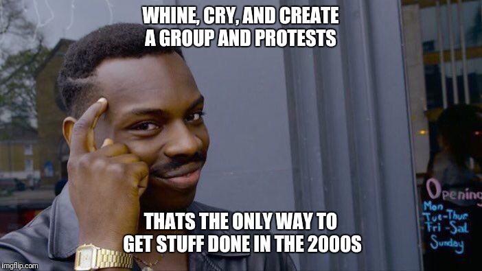 Roll Safe Think About It | WHINE, CRY, AND CREATE A GROUP AND PROTESTS; THATS THE ONLY WAY TO GET STUFF DONE IN THE 2000S | image tagged in memes,roll safe think about it | made w/ Imgflip meme maker