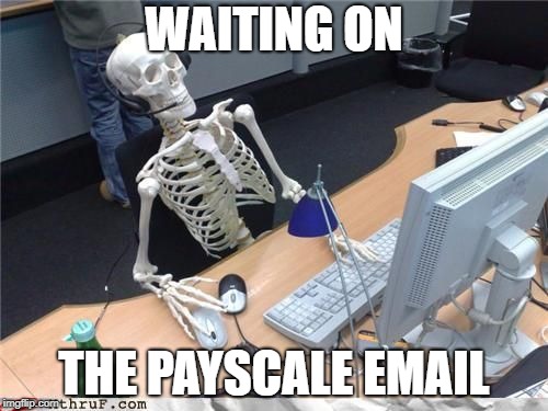 Skeleton Computer | WAITING ON; THE PAYSCALE EMAIL | image tagged in skeleton computer | made w/ Imgflip meme maker