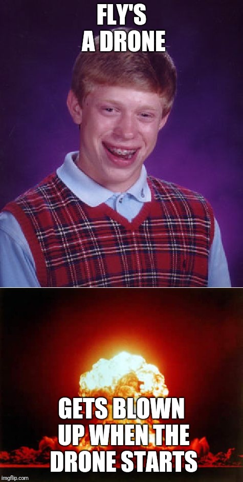 Bad luck Brian must have badder luck than Donald duck | FLY'S A DRONE; GETS BLOWN UP WHEN THE DRONE STARTS | image tagged in bad luck brian,nuclear explosion,memes | made w/ Imgflip meme maker