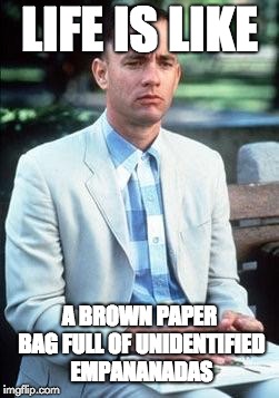 Forest gump | LIFE IS LIKE; A BROWN PAPER BAG FULL OF UNIDENTIFIED EMPANANADAS | image tagged in forest gump | made w/ Imgflip meme maker