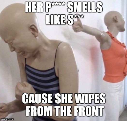 Pointing Mannequin | HER P**** SMELLS LIKE S***; CAUSE SHE WIPES FROM THE FRONT | image tagged in pointing mannequin | made w/ Imgflip meme maker