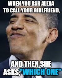 WHEN YOU ASK ALEXA TO CALL YOUR GIRLFRIEND, AND THEN SHE ASKS, "WHICH ONE"; "WHICH ONE" | image tagged in obama smirk | made w/ Imgflip meme maker