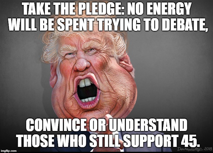 Trump supporter pledge | TAKE THE PLEDGE: NO ENERGY WILL BE SPENT TRYING TO DEBATE, CONVINCE OR UNDERSTAND THOSE WHO STILL SUPPORT 45. | image tagged in trump,trump supporter,trumpers,trumpanzees,trumpeteers | made w/ Imgflip meme maker