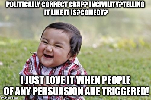 Evil Toddler Meme | POLITICALLY CORRECT CRAP? INCIVILITY?TELLING IT LIKE IT IS?COMEDY? I JUST LOVE IT WHEN PEOPLE OF ANY PERSUASION ARE TRIGGERED! | image tagged in memes,evil toddler | made w/ Imgflip meme maker