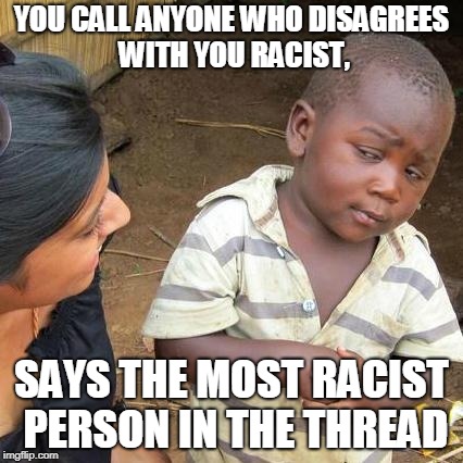 Third World Skeptical Kid Meme | YOU CALL ANYONE WHO DISAGREES WITH YOU RACIST, SAYS THE MOST RACIST PERSON IN THE THREAD | image tagged in memes,third world skeptical kid | made w/ Imgflip meme maker
